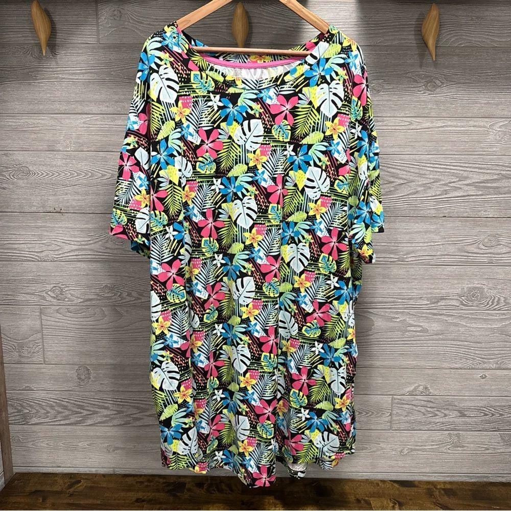 Secret Treasures Dark Tropical Floral Shirt Dress 2X 3X Stretch Monstera & Palm